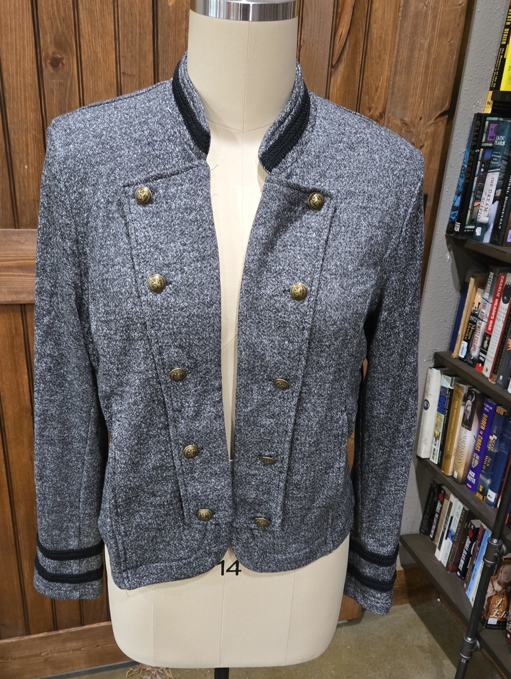 Tommy Hilfiger Gray Textured Military Blazer with Black Trim and Gold Buttons
